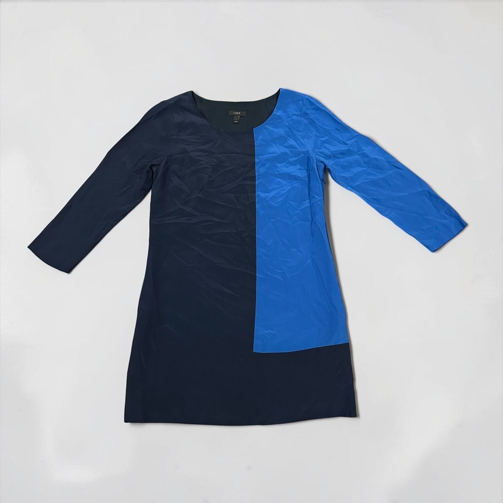 J.Crew Silk Colorblock Jules Shift Dress Navy Blue Mod Mini Size 4 Women